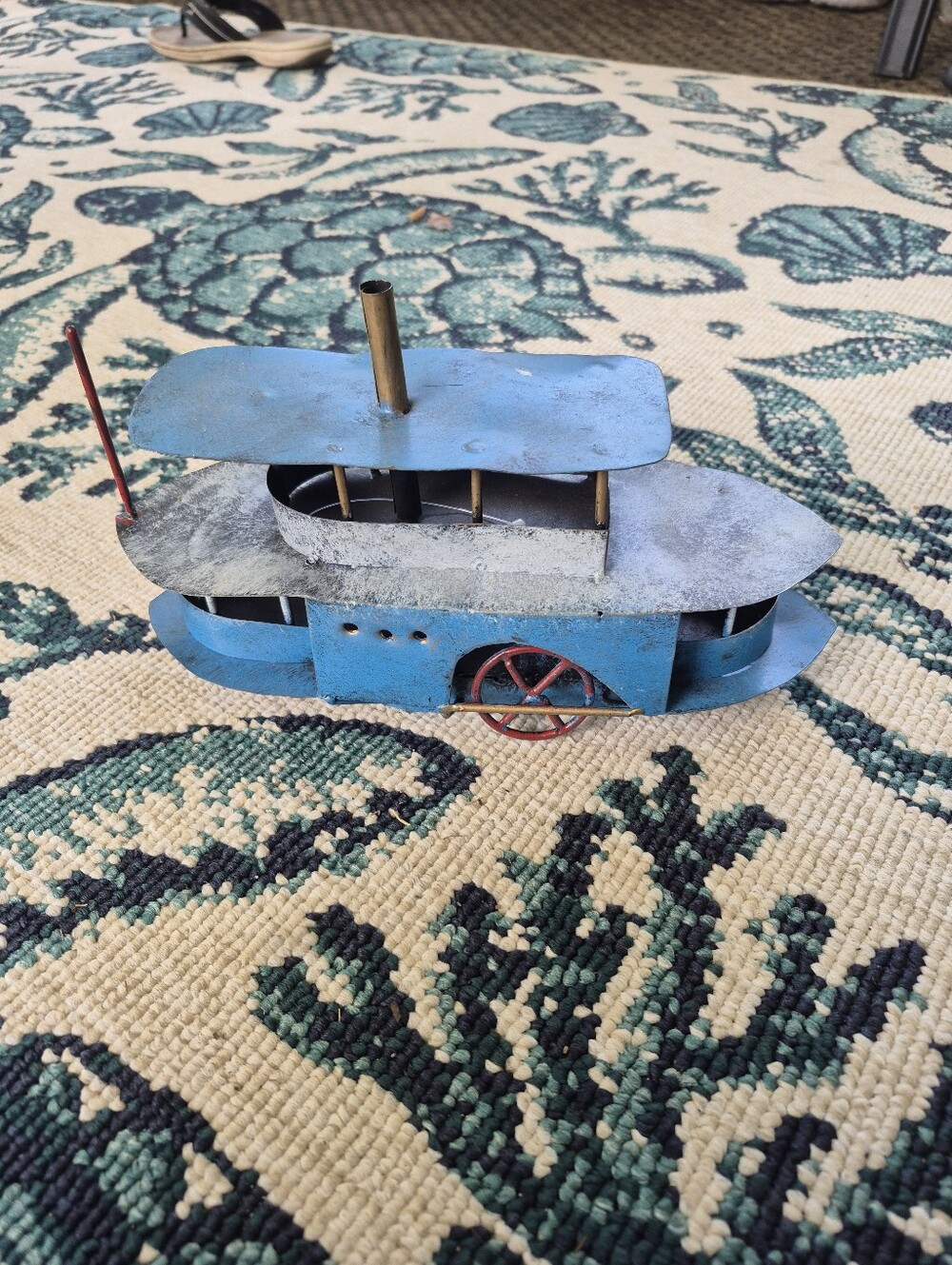 Vintage Style Blue Metal Paddle Boat Figurine